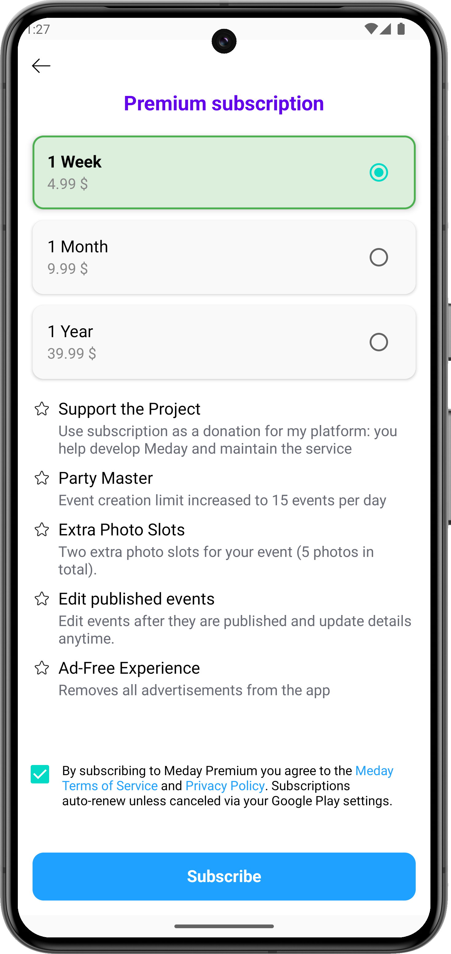 Premium subscription screenshot